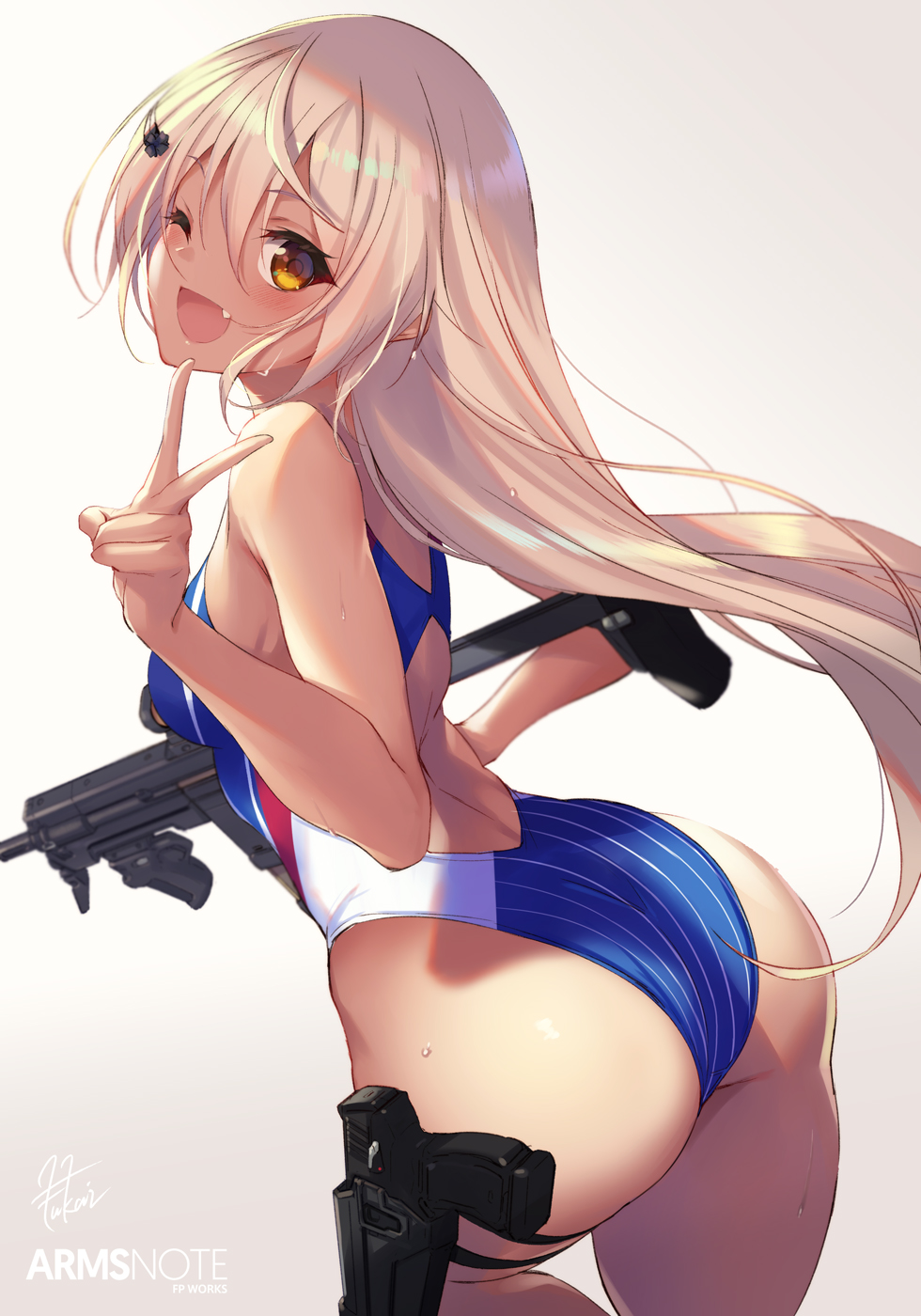 1girl ;d arms_note artist_name ass back_cutout bangs bare_arms bare_shoulders blonde_hair blue_swimsuit blush breasts commentary_request competition_swimsuit copyright_name eyebrows_visible_through_hair fang fukai_ryousuke gradient gradient_background grey_background gun hair_between_eyes hair_ornament handgun highres holding holding_gun holding_weapon holster kouhai_(fukai_ryousuke) leaning_forward leg_up long_hair looking_at_viewer looking_back one-piece_swimsuit one_eye_closed open_mouth orange_eyes signature small_breasts smile solo striped striped_swimsuit swimsuit thigh_holster v very_long_hair weapon weapon_request