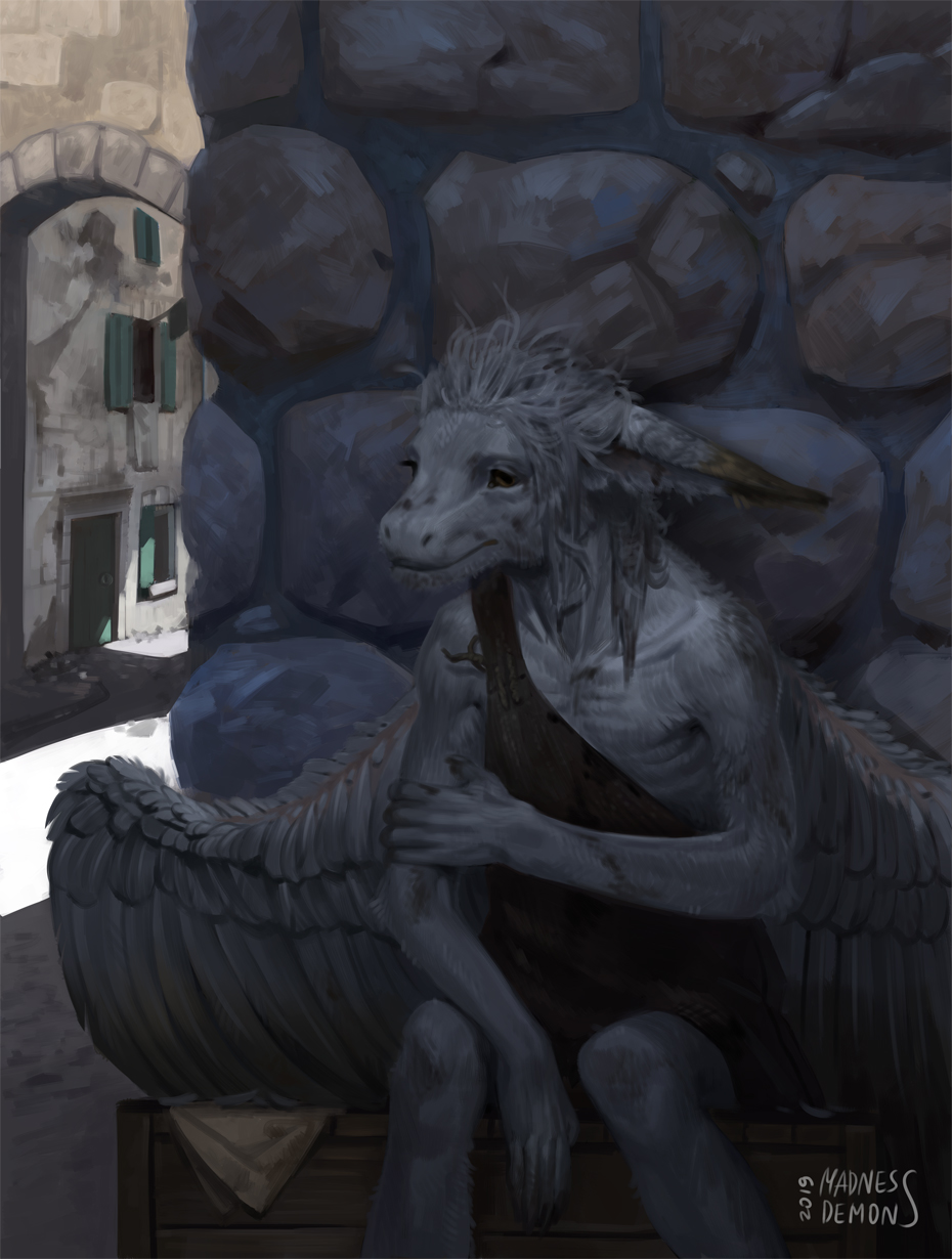 2019 anthro clothed clothing depressing detailed_background digital_media_(artwork) dragon feathered_dragon feathered_wings feathers fur furred_dragon hair hi_res kaspar_(character) madness_demon male outside sad skinny solo white_body wings young