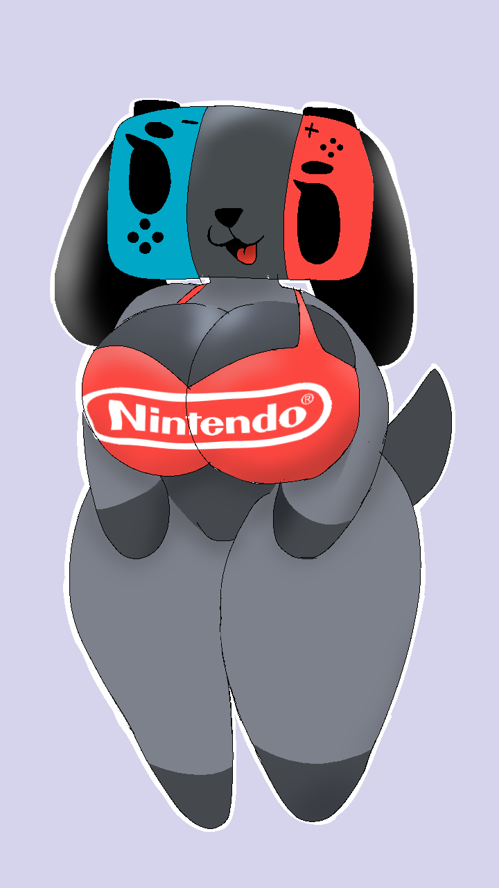 animate_inanimate anthro bra canid clothed clothing female floppy_ears hi_res mammal nintendo nintendo_switch open_mouth short_stack simple_background smile solo standing switch_dog thick_thighs tongue topwear underwear video_games wide_hips
