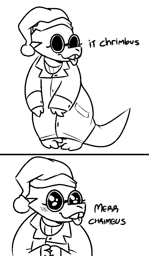 2015 alphys anthro big_eyes black_and_white blep blush buckteeth christmas clothing coat comic cute_eyes dialogue eyewear female front_view glasses hands_together hat headgear headwear holiday_message holidays lab_coat line_art lizard monochrome pigeon_toed pixylbyte puppy_eyes reptile santa_hat scalie solo standing teeth text thick_tail tongue tongue_out topwear undertale video_games