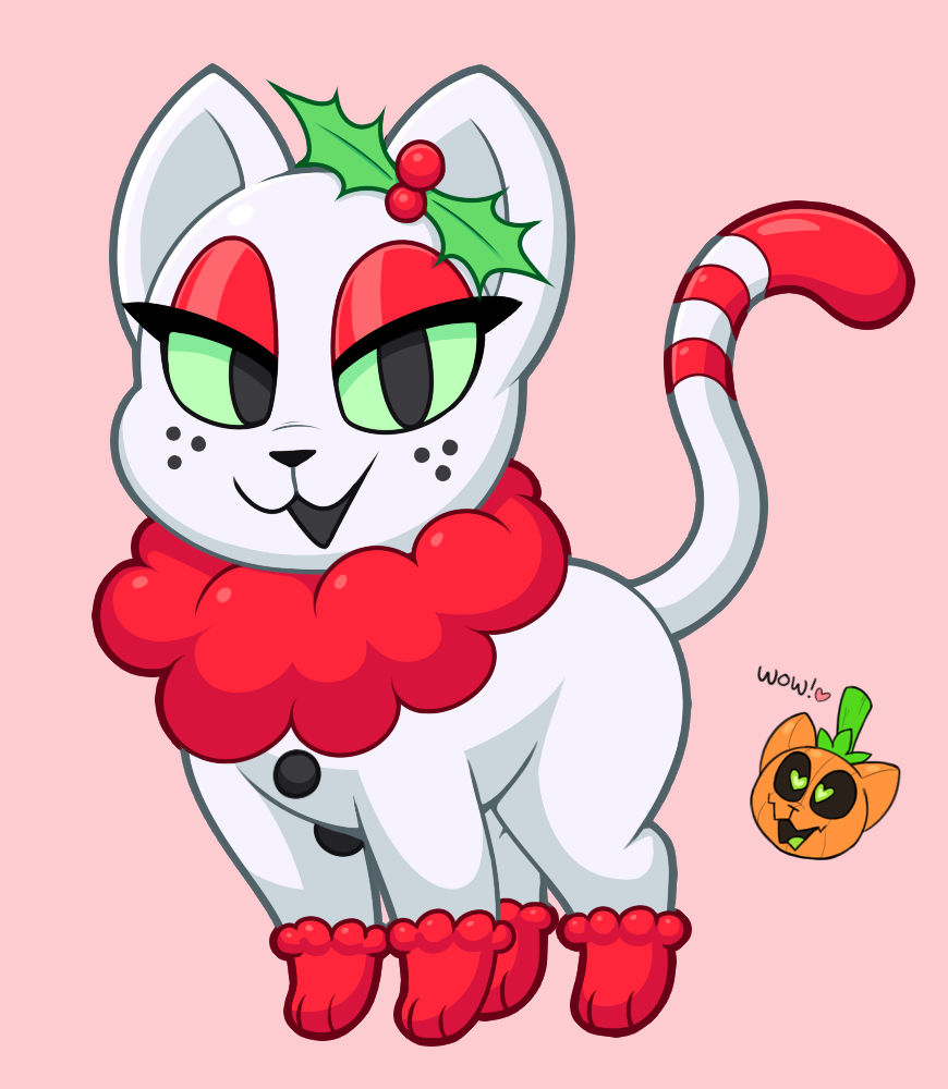 &lt;3 &lt;3_eyes 2019 acstlu ambiguous_gender black_sclera christmas felid feline feral flora_fauna food food_creature freckles fruit green_eyes green_sclera holidays holly_(plant) junipurr living_fruit mammal pink_background plant pumkat pumpkin simple_background unknown_species white_body