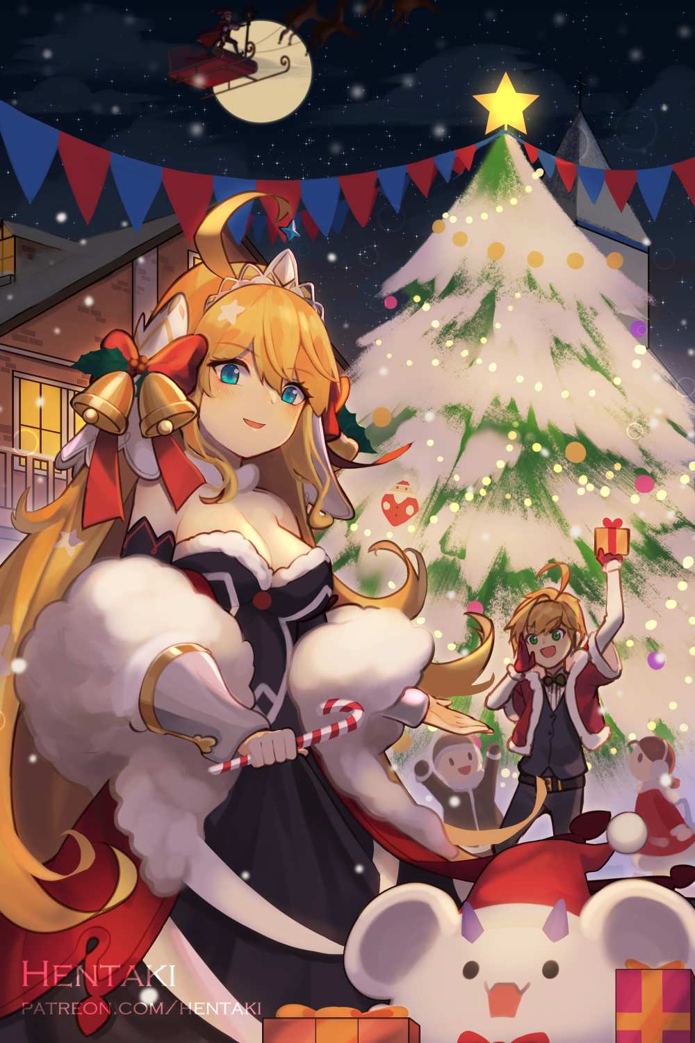 1boy 1girl :d ahoge animal arm_up artist_name bangs bare_shoulders bell belt belt_buckle black_belt black_dress black_pants black_vest blonde_hair blue_eyes bow box breasts buckle building candy candy_cane christmas christmas_lights christmas_ornaments christmas_tree cleavage cloud commentary dragalia_lost dress english_commentary euden eyebrows_visible_through_hair flying food full_moon fur-trimmed_dress fur-trimmed_sleeves fur_trim gift gift_box gloves glowing green_eyes hair_between_eyes hat hentaki highres holding holding_food holding_gift jacket long_hair long_sleeves medium_breasts moon open_clothes open_jacket open_mouth pants pennant red_bow red_gloves red_headwear red_jacket reindeer santa_hat shirt sky sleigh smile snow snowing star star_(sky) starry_sky strapless strapless_dress string_of_flags tiara vambraces very_long_hair vest watermark web_address white_shirt window zethia
