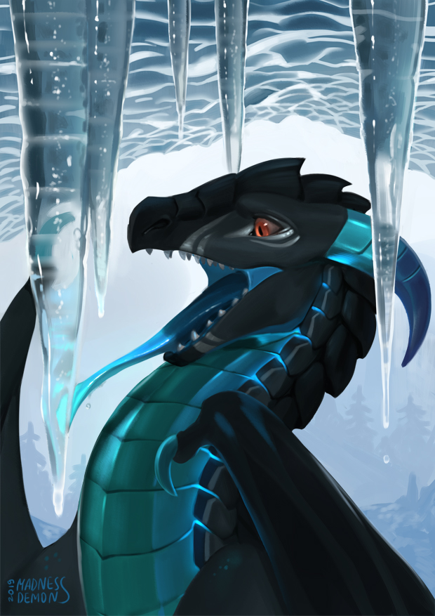 2019 digital_media_(artwork) dragon erise_(character) feral glowing horn ice madness_demon male open_mouth red_eyes scales scalie solo tongue wings