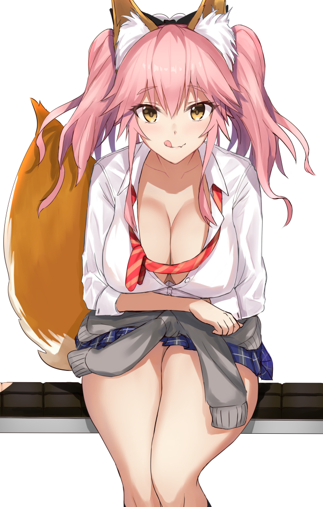 1girl akatsuki_ikki animal_ear_fluff animal_ears bangs black_bow blue_skirt blush bow breasts cardigan_around_waist cleavage closed_mouth clothes_around_waist collarbone collared_shirt dress_shirt eyebrows_visible_through_hair fang fate/extra fate_(series) fox_ears fox_girl fox_tail grey_cardigan hair_between_eyes hair_bow head_tilt large_breasts leaning_forward licking_lips long_hair loose_necktie necktie one_eye_closed pink_hair pink_neckwear school_uniform shirt short_sleeves sidelocks simple_background sitting skirt smile solo tail tamamo_(fate)_(all) tamamo_no_mae_(fate) tongue tongue_out twintails very_long_hair white_background white_shirt yellow_eyes