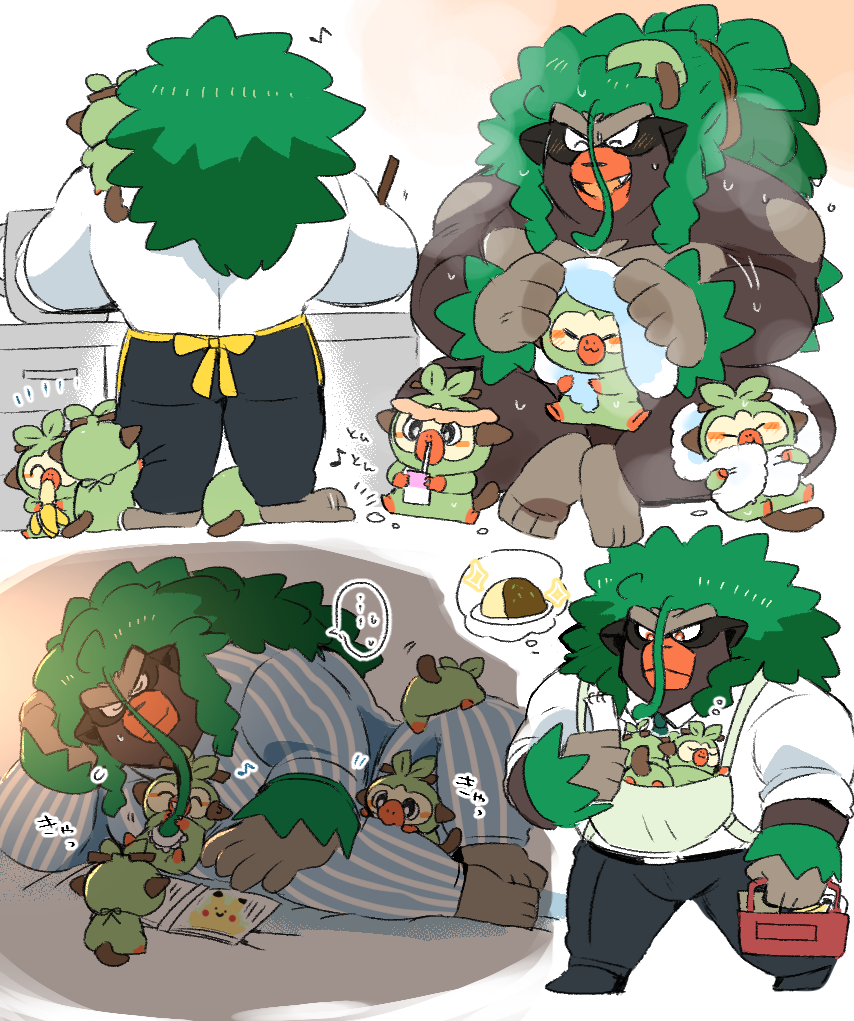 ambiguous_gender anthro ape blush child clothed clothing curry father green_hair grookey hair haplorhine humanoid_hands hyaku_(artist) japanese_text male mammal muscular muscular_male nintendo pajamas parent pok&eacute;mon pok&eacute;mon_(species) primate rillaboom smile text video_games young