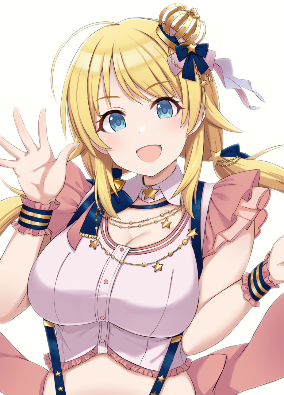 1girl ahoge bangs blonde_hair blue_eyes blush breasts cleavage crop_top crown hachimiya_meguru hair_ornament highres idolmaster idolmaster_shiny_colors jewelry large_breasts long_hair looking_at_viewer low_twintails mini_crown mitsukazu_(nijigen_complex) necklace open_mouth ribbon simple_background smile suspenders twintails white_background wrist_cuffs