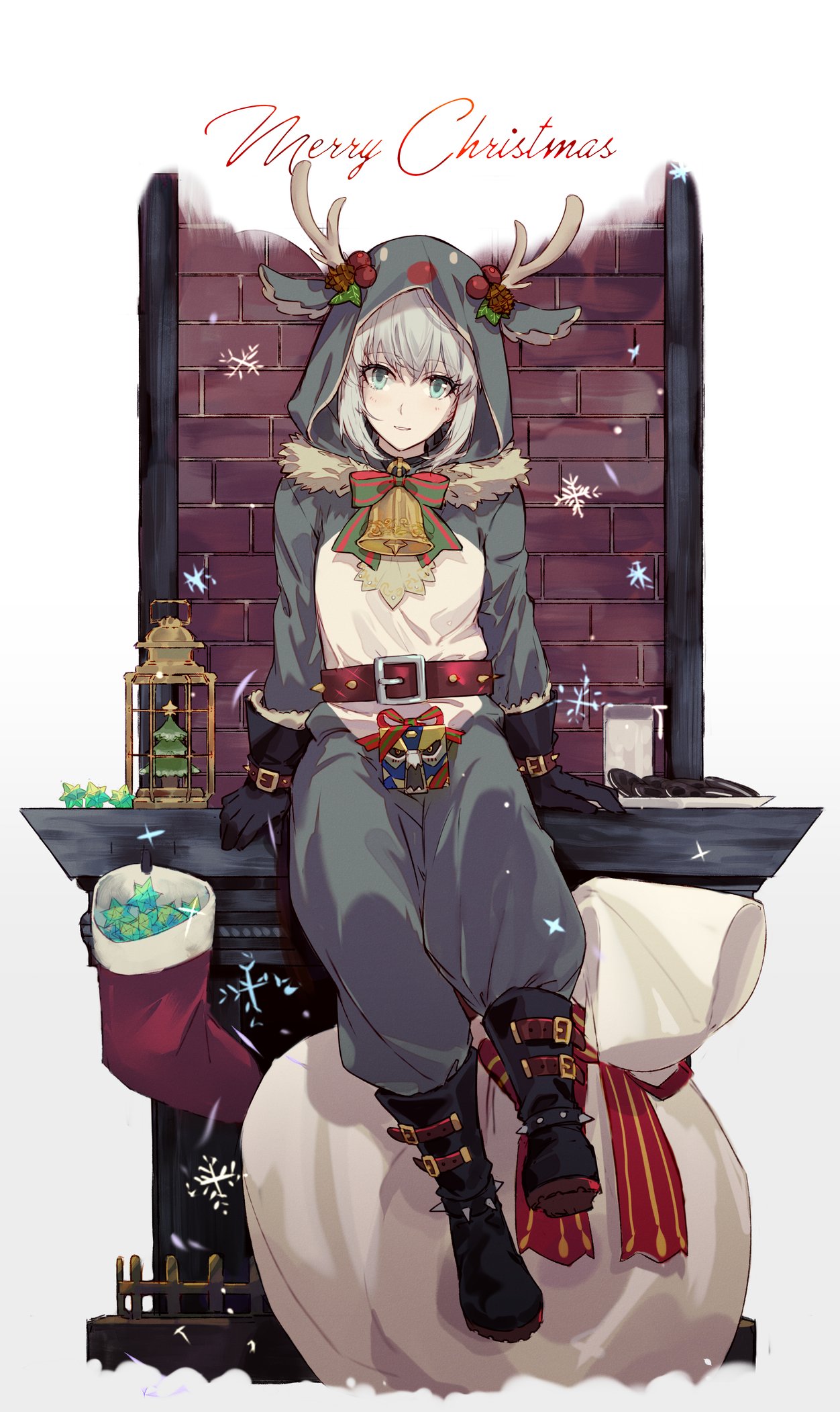 1girl add_(lord_el-melloi_ii) animal_costume bell bell_collar belt birdcage black_gloves blush boots bow buckle cage christmas christmas_tree collar commentary cookie creature csyko english_commentary english_text eyebrows_visible_through_hair fate/grand_order fate_(series) fireplace food fur_trim gloves gray_(lord_el-melloi_ii) green_bow green_eyes grey_hair hair_between_eyes highres hood hood_up hooded looking_at_viewer lord_el-melloi_ii_case_files merry_christmas milk multicolored_bow red_bow reindeer_costume saint_quartz short_hair sitting smile socks