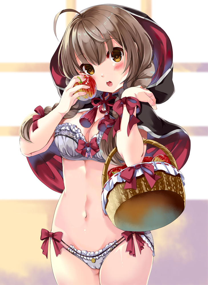 1girl apple basket blush bra braid breasts brown_eyes brown_hair capelet commentary_request eyebrows_visible_through_hair food fruit gouda_nagi grey_bra grey_panties hair_between_eyes hood hooded_capelet kantai_collection large_breasts long_hair navel open_mouth panties partial_commentary ribbon shinshuu_maru_(kantai_collection) solo twin_braids underwear