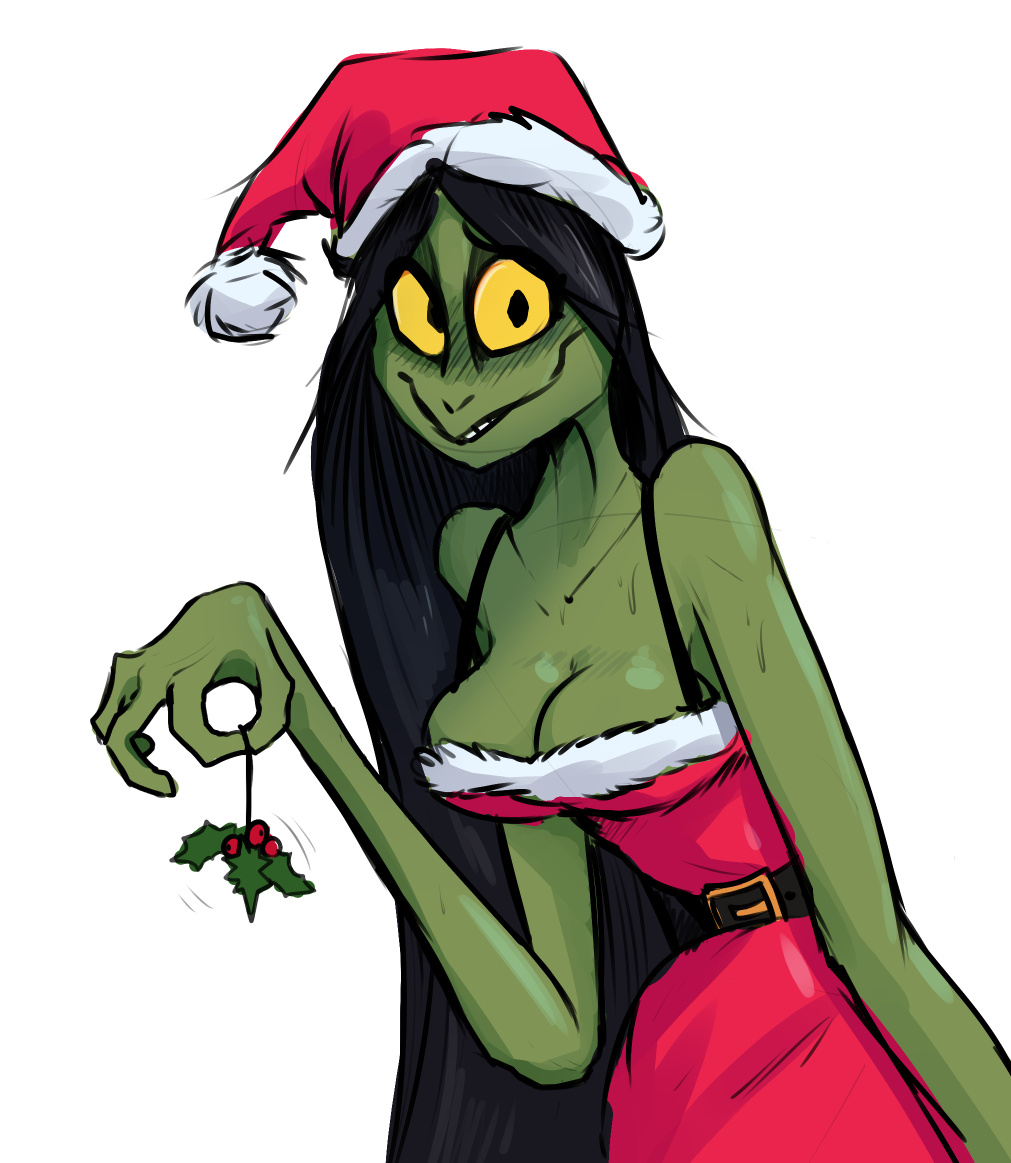 amphibian black_hair christmas female green_body green_skin hair holidays holly_(plant) keadonger plant scp-811 scp_foundation solo yellow_eyes