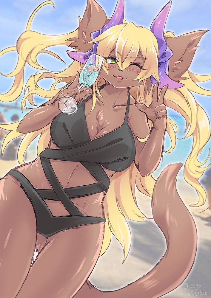 5_fingers anthro beach beverage big_breasts blonde_hair breasts brown_body brown_fur cleavage clothed clothing domestic_cat felid feline felis female fingers fur gesture green_eeys hair kemono long_hair mammal nagoshinikake navel one_eye_closed seaside solo swimwear tongue tongue_out v_sign