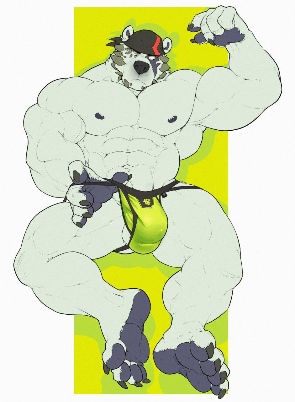 2019 4_toes 5_fingers abs anthro balls bandanna biceps big_bulge big_muscles black_claws black_nipples black_nose bulge claws clothed clothing fingers flexing fur grimfaust_(nightterror) hi_res huge_muscles jockstrap looking_at_viewer male mammal muscular muscular_arms muscular_male muscular_thighs nightterror nipples pawpads pecs polar_bear rogue_fang sitting solo toes topless underwear ursid ursine white_body white_fur yellow_eyes