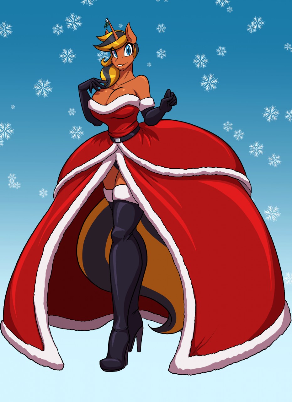 anthro anthrofied armwear blue_eyes breasts christmas cleavage clothed clothing dress elbow_gloves equid female gloves gown handwear help_desk_(oc) hi_res holidays horn mammal snowflake solo toughset unicorn