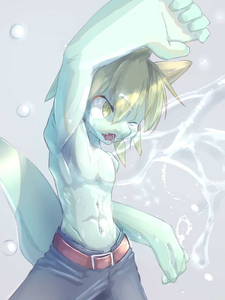 anthro belt blonde_hair bottomwear clothed clothing cub dragon eipon_tarou green_body green_skin hair male one_eye_closed open_mouth pants scalie teeth topless water wet yellow_eyes young