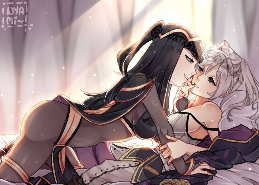 2girls artist_name ass black_hair black_nails bodystocking bracelet breasts bridal_gauntlets cape cleavage eye_contact eyelashes finger_to_another's_mouth fire_emblem fire_emblem_awakening jewelry long_hair looking_at_another multiple_girls nyamuh parted_lips pelvic_curtain robin_(fire_emblem) robin_(fire_emblem)_(female) silver_hair smile strap_slip tharja tiara twintails yuri
