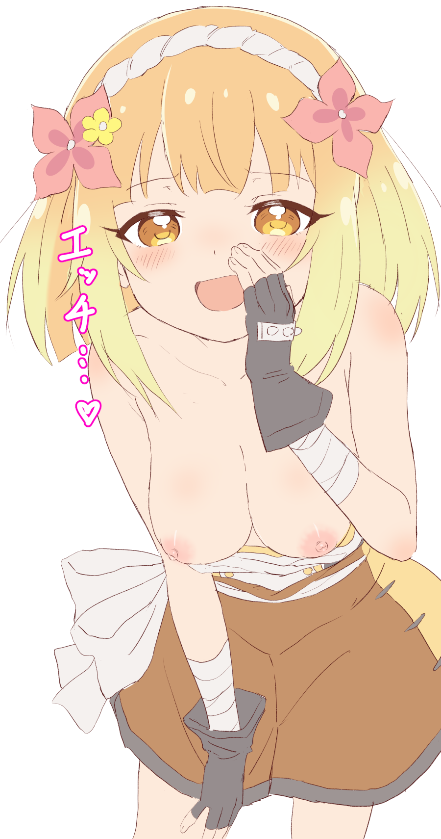 1girl :d bandaged_arm bandages bangs black_gloves blonde_hair blush breasts brown_eyes brown_skirt collarbone commentary_request endro! eyebrows_visible_through_hair fai_fai fingerless_gloves flower gloves hair_flower hair_ornament highres leaning_forward medium_breasts nipples open_mouth pink_flower simple_background skirt smile solo translation_request trg-_(sain) white_background yellow_flower