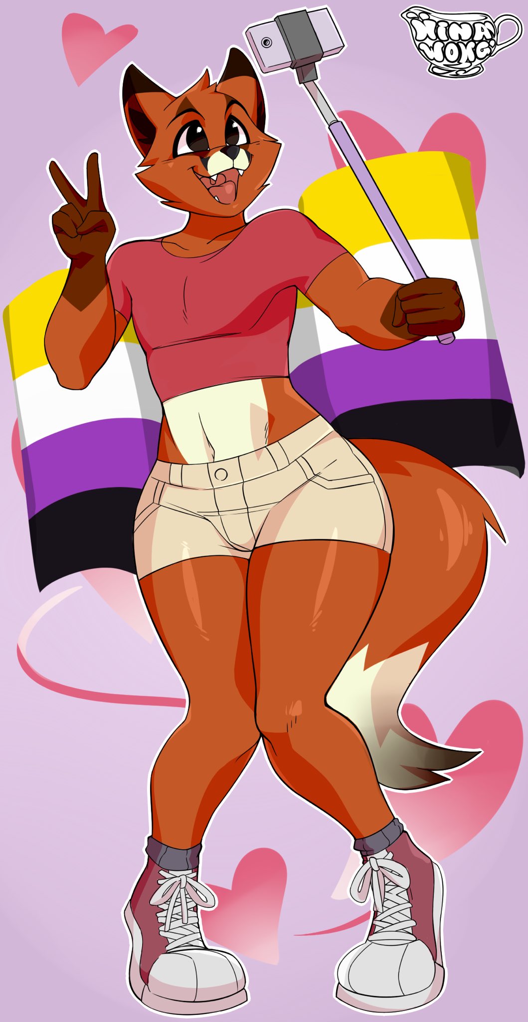 belly_shirt bottomwear canid canine cellphone clothing creamygravy flag fox hi_res lgbt_pride mammal midriff navel nonbinary_pride_colors peace_sign_(disambiguation) phone pride_colors selfie_stick shorts simple_background smile solo