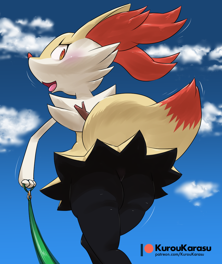 2019 amber_eyes anthro black_body black_fur braixen butt canid canine cloud day digital_media_(artwork) domination female female_domination fur kurou-karasu leash looking_at_viewer looking_back low-angle_view mammal nintendo nude open_mouth outside pok&eacute;mon pok&eacute;mon_(species) pussy rear_view red_body red_fur sky solo stick text tongue tongue_out unseen_character url video_games white_body white_fur