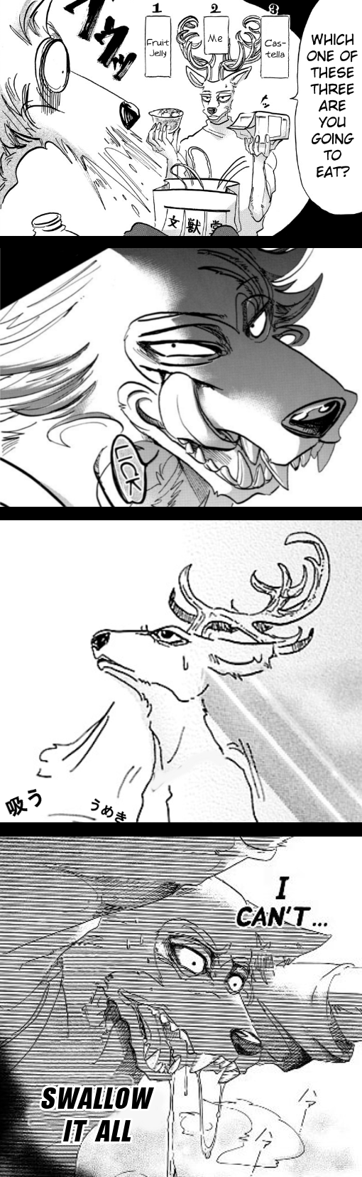 after_sex ambiguous_fluids antlers beastars bodily_fluids canid canine canis carton cervid cervine clothed clothed_sex clothing comic cum cum_drool cum_from_mouth cum_in_mouth cum_inside cum_pool edit english_text face_lick fangs food genital_fluids greyscale hi_res holding_object horn humor itagaki_paru japanese_text kemono legoshi_(beastars) licking louis_(beastars) male male/male mammal mane manga meme monochrome official_art onomatopoeia open_mouth red_deer saliva seductive sex simple_background sound_effects surprise sweat sweatdrop take_your_pick text tongue tongue_out topless white_background wolf