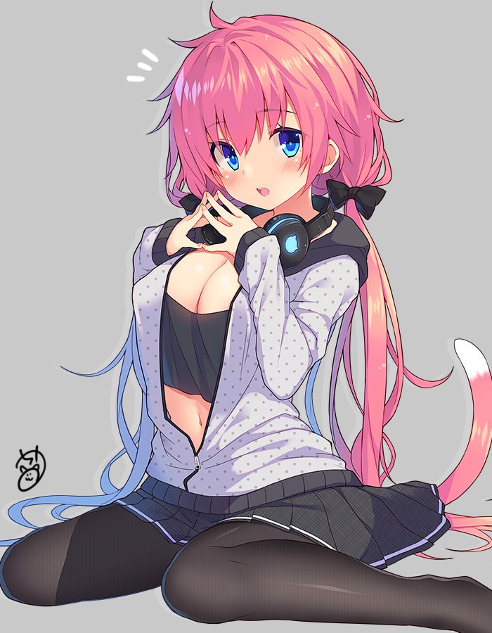 1girl black_bow black_legwear black_skirt blue_eyes bow breasts cat_tail chiri_(atlanta) chiriko_(atlanta) cleavage crop_top grey_background grey_jacket hair_bow headphones headphones_around_neck jacket large_breasts long_hair looking_at_viewer low_twintails midriff_peek miniskirt navel notice_lines open_clothes open_jacket open_mouth original pantyhose pink_hair pleated_skirt polka_dot sitting skirt solo steepled_fingers tail twintails very_long_hair wariza