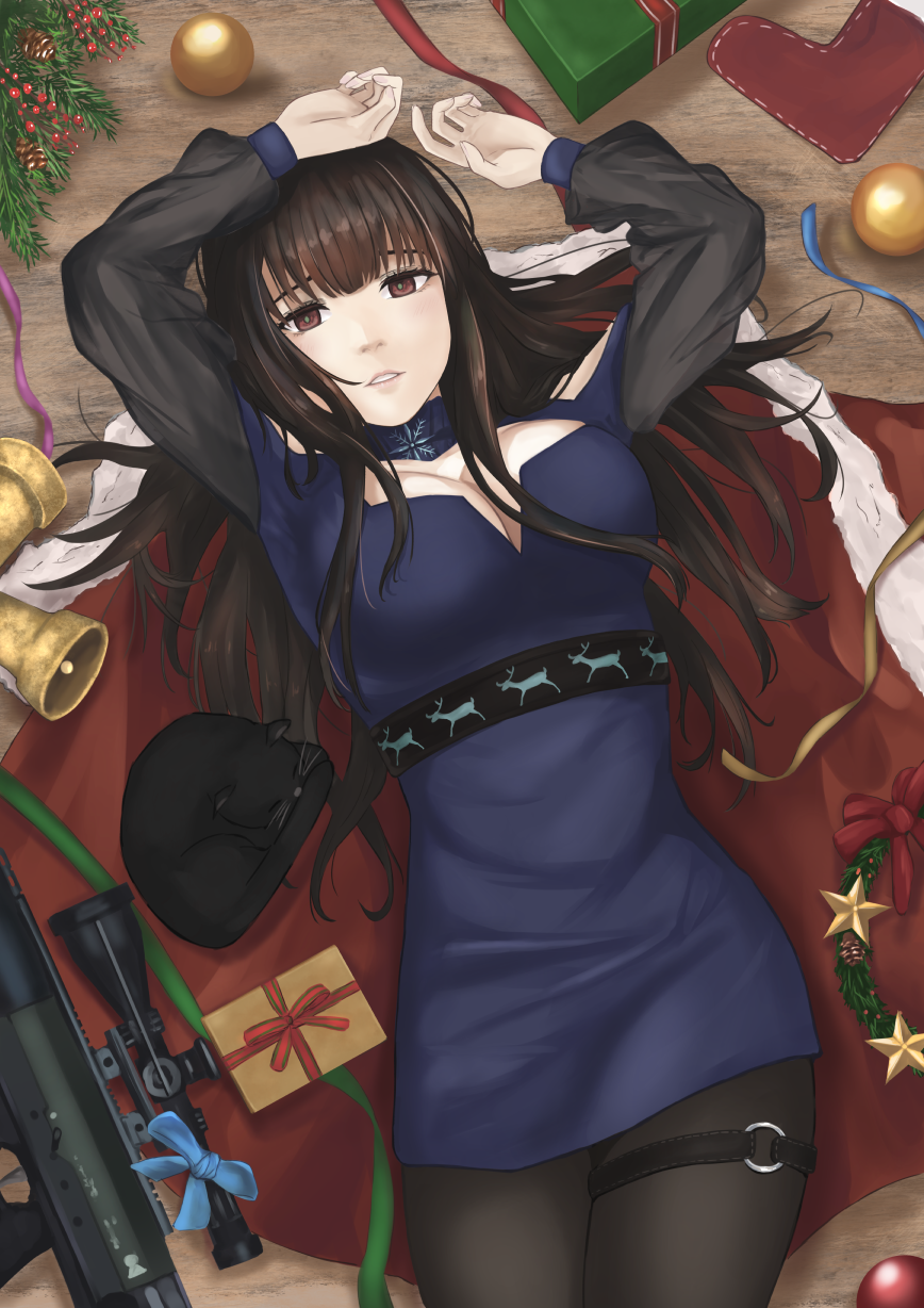 1girl acorn alternate_costume bangs bell blue_ribbon blunt_bangs breasts brown_hair cape cat christmas christmas_ornaments christmas_wreath dsr-50_(girls_frontline) dsr-50_(weapon) gift girls_frontline highres large_breasts looking_at_viewer lying open_mouth red_cape red_eyes reindeer ribbon scope sidelocks socks solo star thighs yuragi_zora