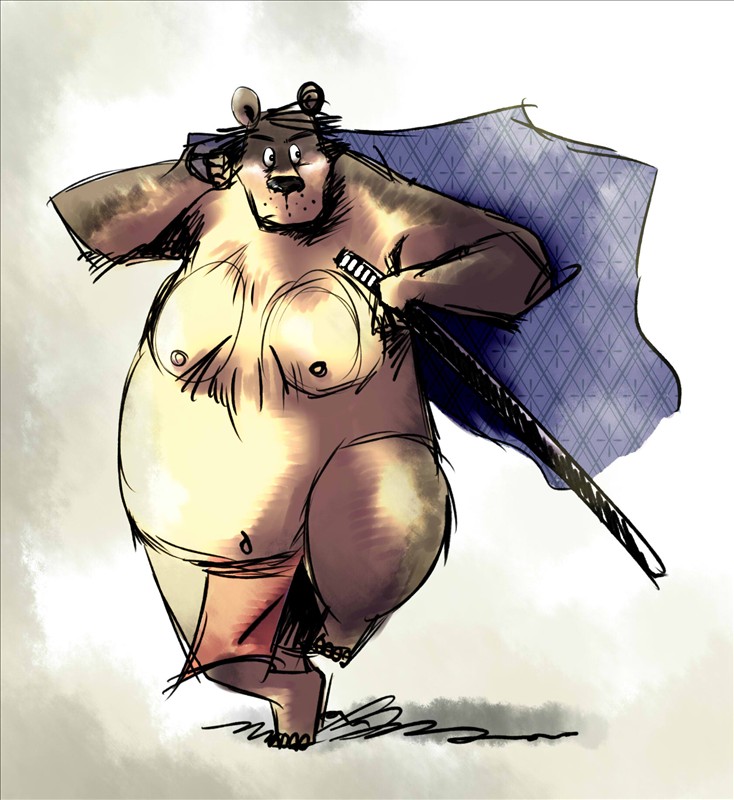 2010 anthro asian_clothing clothing east_asian_clothing fundoshi japanese_clothing male mammal melee_weapon moobs navel nipples overweight overweight_male solo sword toukurou underwear ursid weapon