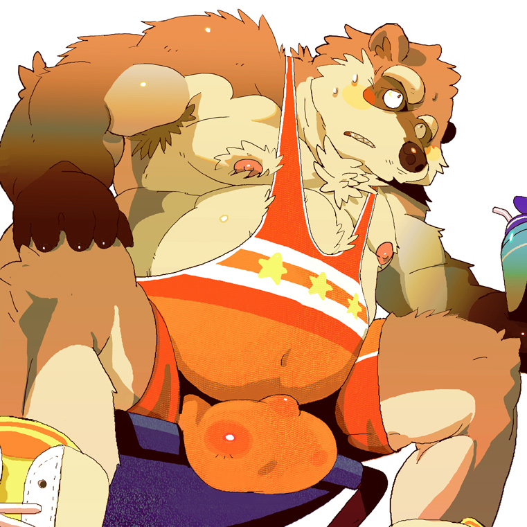 1:1 2010 anthro belly blush brown_body brown_fur bulge canid canine fur humanoid_hands male mammal moobs motogen nipples overweight overweight_male raccoon_dog sitting solo tanuki wrestling_singlet