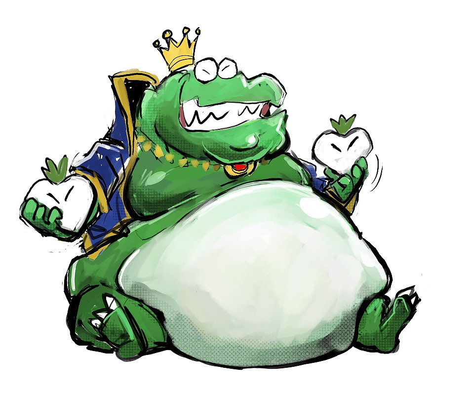 amphibian anthro aokmaidu belly big_belly claws clothing crown double_chin eyes_closed food frog grin holding_object jewelry male mario_bros moobs mostly_nude necklace nintendo obese obese_male overweight overweight_male plant robe simple_background sitting smile solo teeth toe_claws turnip vegetable video_games wart_(mario) white_background