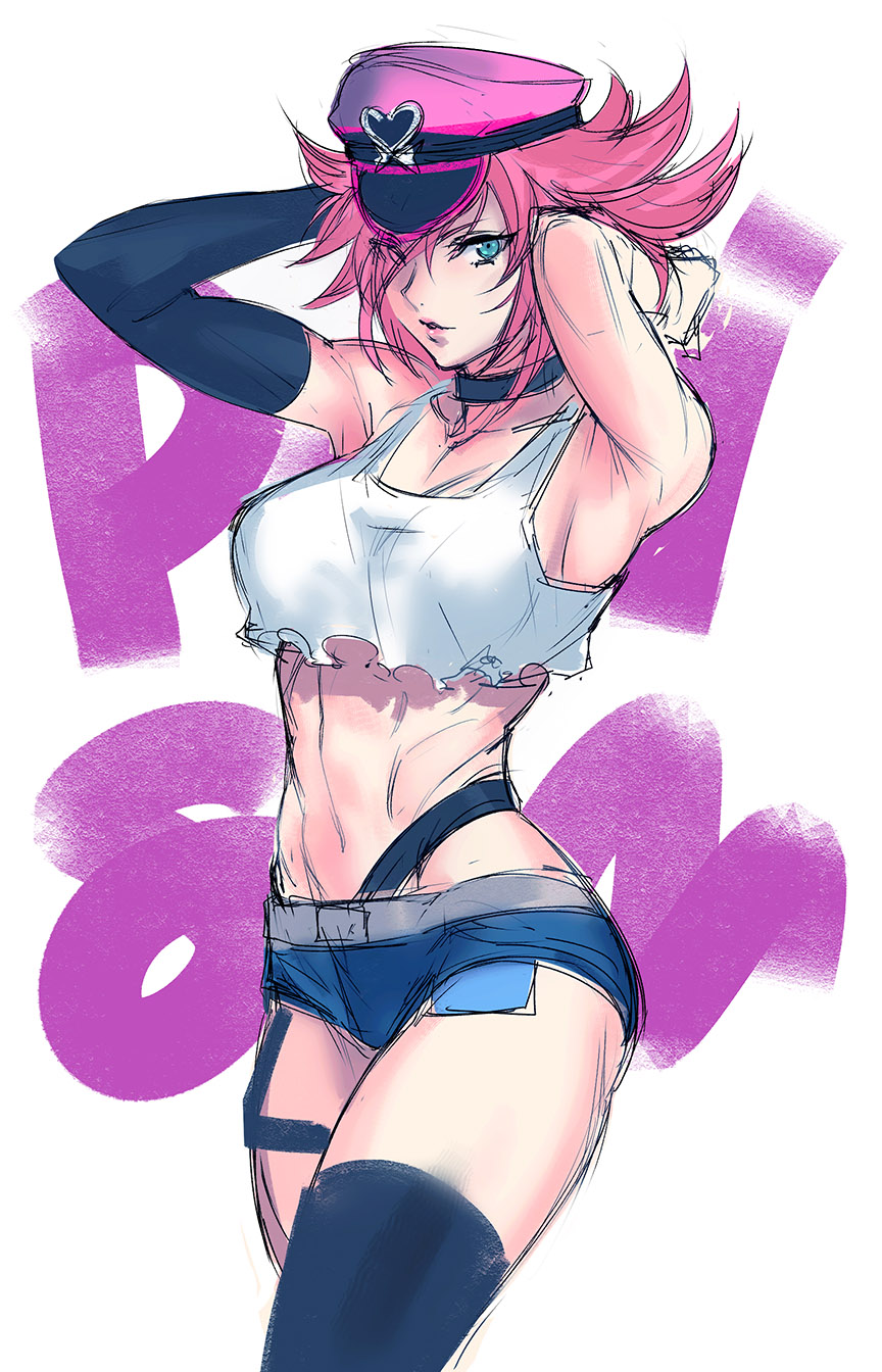 1girl arms_up black_choker blue_eyes breasts choker crop_top crop_top_overhang elbow_gloves exposed_pocket final_fight gloves hat highres hugo_andore looking_at_viewer medium_breasts navel peaked_cap pink_hair pink_headwear poison_(final_fight) short_hair short_shorts shorts single_elbow_glove single_thighhigh sketch solo street_fighter street_fighter_v tetsu_(kimuchi) thighhighs toned