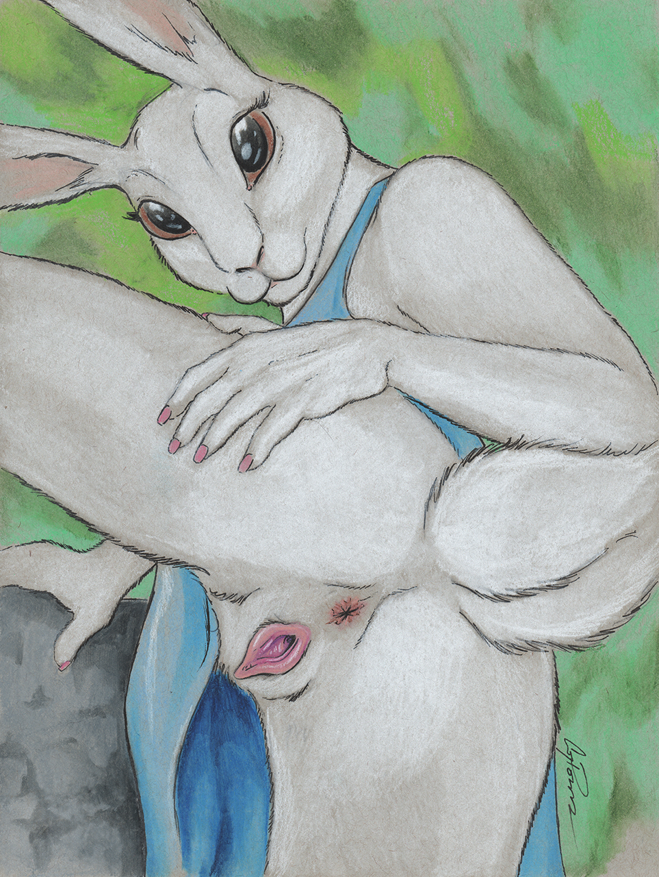 2015 anthro anus big_eyes clitoris clothing coypowers dress female fur hi_res lagomorph leporid looking_at_viewer looking_back mammal pussy rabbit raised_leg raised_tail solo spread_legs spreading upskirt white_body white_fur