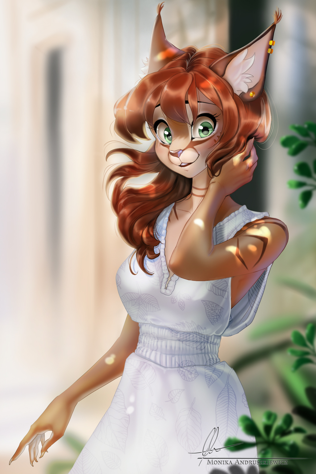 2016 5_fingers anthro aomori clothed clothing digital_media_(artwork) ear_piercing etskuni felid female fingers fur green_eyes hair hi_res inner_ear_fluff looking_at_viewer mammal piercing smile solo standing tuft tyskha