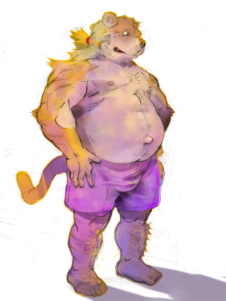 2007 anthro belly bulge clothing felid male mammal moobs motogen navel nipples overweight overweight_male pantherine simple_background solo tiger underwear