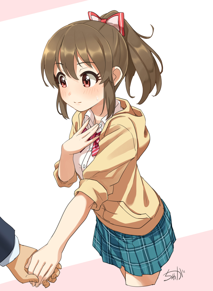 1boy 1girl blush bow bowtie brown_hair collared_shirt commentary cowboy_shot cropped_legs eyebrows_visible_through_hair hair_bow hand_on_own_chest high_ponytail holding_hands hood hood_down hoodie hori_yuuko idolmaster idolmaster_cinderella_girls light_smile long_hair out_of_frame plaid plaid_skirt pleated_skirt ponytail producer_(idolmaster) red_eyes shirt signature skirt sleeves_rolled_up solo_focus striped striped_neckwear sweatdrop two-tone_background tyuga white_shirt