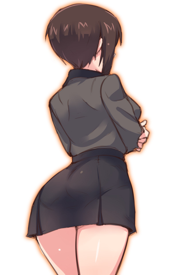 1girl arms_under_breasts ass black_hair brown_hair crossed_arms em from_behind girls_und_panzer grey_shirt kuromorimine_school_uniform long_sleeves nishizumi_maho school_uniform shirt short_hair solo thighs