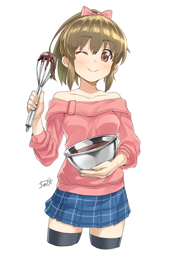 1girl bare_shoulders blush bow bowl brown_eyes brown_hair chocolate collarbone commentary cowboy_shot cropped_legs eyebrows_visible_through_hair food hair_bow high_ponytail holding holding_bowl hori_yuuko idolmaster idolmaster_cinderella_girls ladle long_hair long_sleeves looking_at_viewer off-shoulder_sweater off_shoulder one_eye_closed pink_bow pink_sweater plaid plaid_skirt pleated_skirt ponytail signature simple_background skirt smile solo sweater thighhighs tyuga whisk white_background zettai_ryouiki