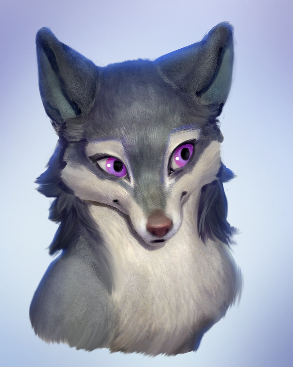 2019 canid canine fur grey_body grey_fur headshot_portrait hi_res mammal portrait purple_eyes simple_background veramundis