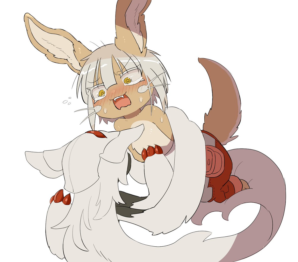 2others @_@ androgynous black_fur blush breast_poke brown_fur faputa furry kawasemi27 long_hair made_in_abyss multiple_others nanachi_(made_in_abyss) open_mouth pants poking red_pants short_hair simple_background white_background white_hair yellow_eyes