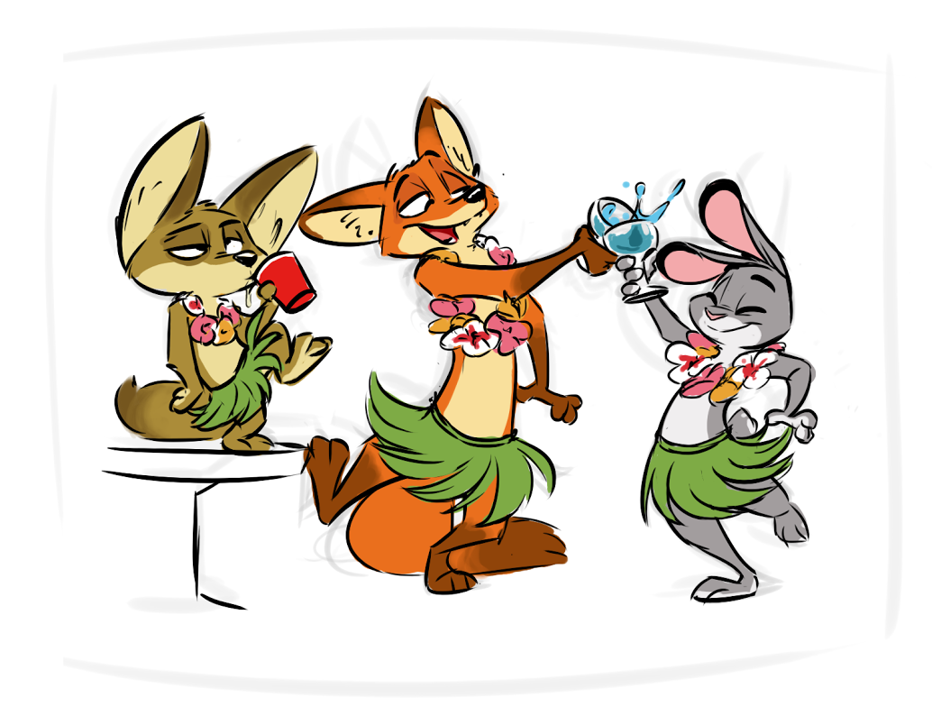 2017 anthro beverage canid canine dancing dipstick_ears dipstick_tail disney drinking eyes_closed fennec finnick fox fur gloves_(marking) grass_skirt grey_body grey_fur group holding_cup holding_object ishoka judy_hopps lagomorph leg_markings lei leporid mammal markings multicolored_body multicolored_ears multicolored_fur multicolored_tail nick_wilde on_one_leg open_mouth open_smile orange_body orange_fur rabbit red_fox simple_background size_difference smile socks_(marking) standing tan_body tan_fur two_tone_body two_tone_fur white_background white_body white_fur zootopia