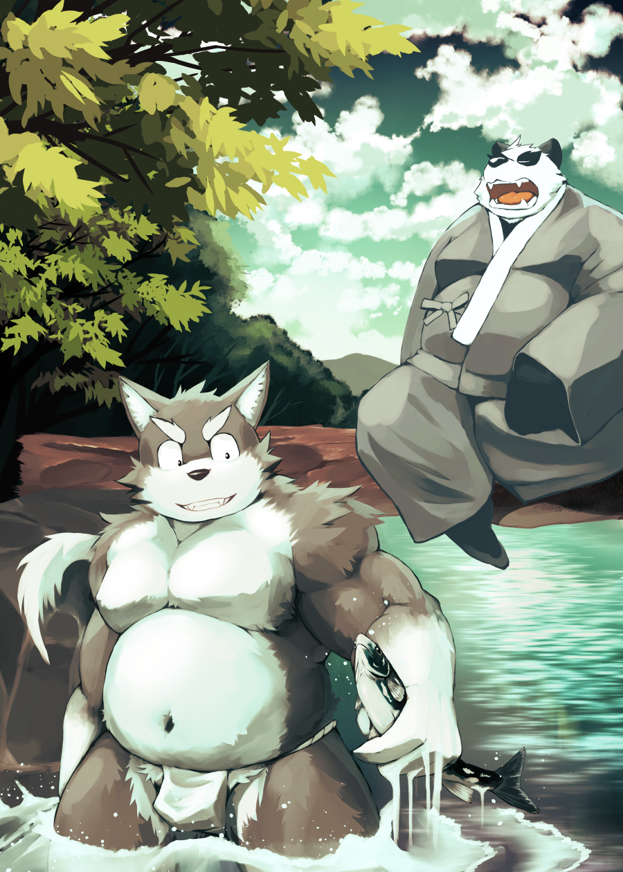 2017 anthro asian_clothing belly black_body black_fur canid canine clothing detailed_background duo east_asian_clothing eyes_closed fish fundoshi fur giant_panda hi_res japanese_clothing male mammal marine mitei moobs mti777 navel outside overweight overweight_male robe sitting underwear ursid water white_body white_fur