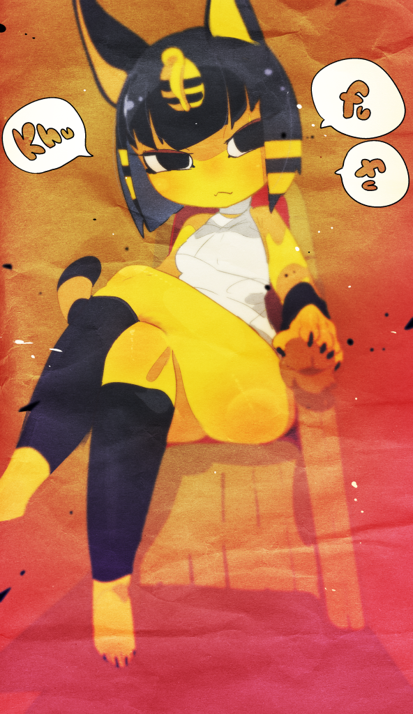 animal_crossing ankha_(animal_crossing) anthro black_eyes chair crossed_legs egyptian female fur furniture moyamoya_kuroi nintendo solo throne video_games yellow_body yellow_fur