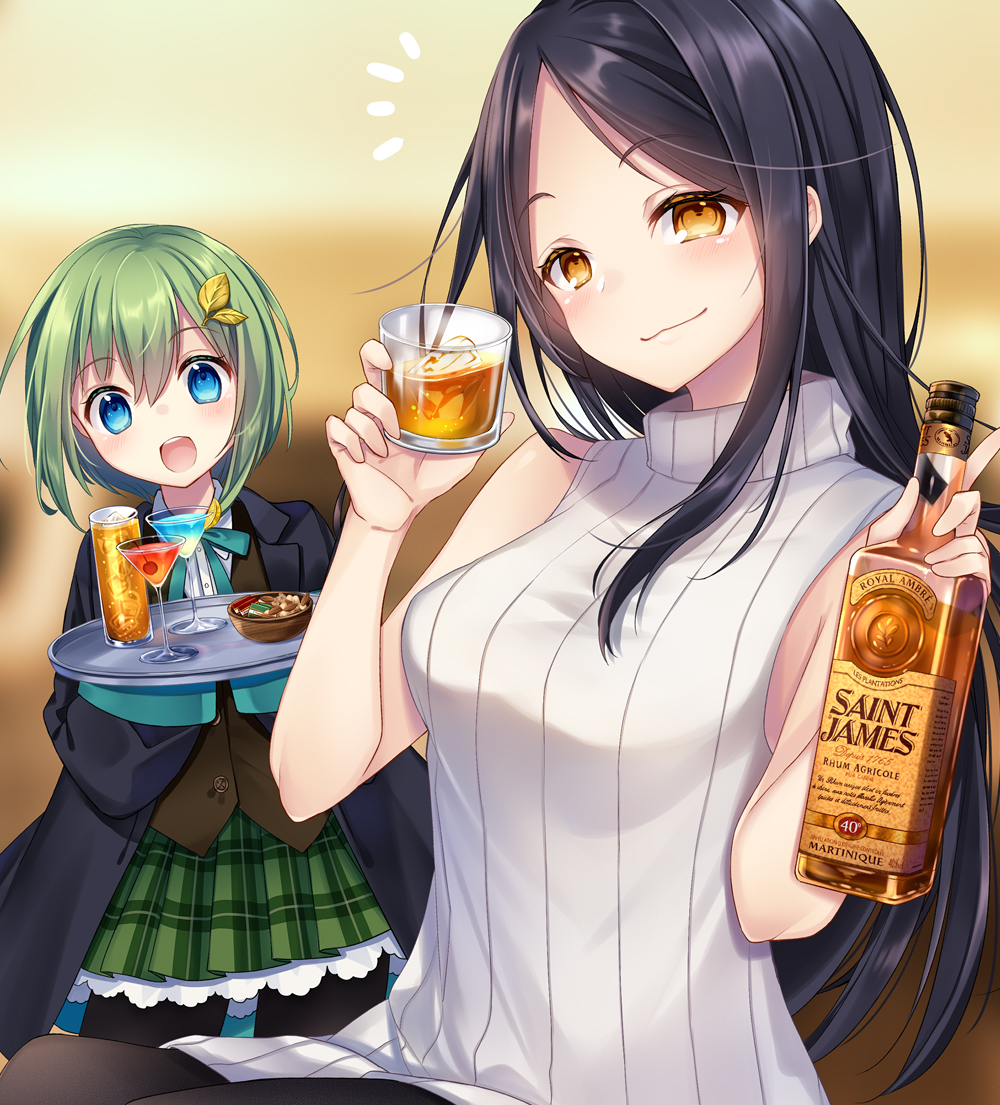 2girls :d alcohol bangs black_hair black_jacket black_legwear blue_eyes blue_ribbon blush brown_eyes brown_vest cocktail cup eyebrows_visible_through_hair green_hair green_skirt hair_ornament holding holding_cup holding_tray jacket kusada_souta leaf_hair_ornament long_hair multiple_girls neck_ribbon open_mouth original pantyhose parted_bangs plaid plaid_skirt ribbed_sweater ribbon short_hair skirt sleeveless_sweater smile sweater tray vest whiskey white_sweater