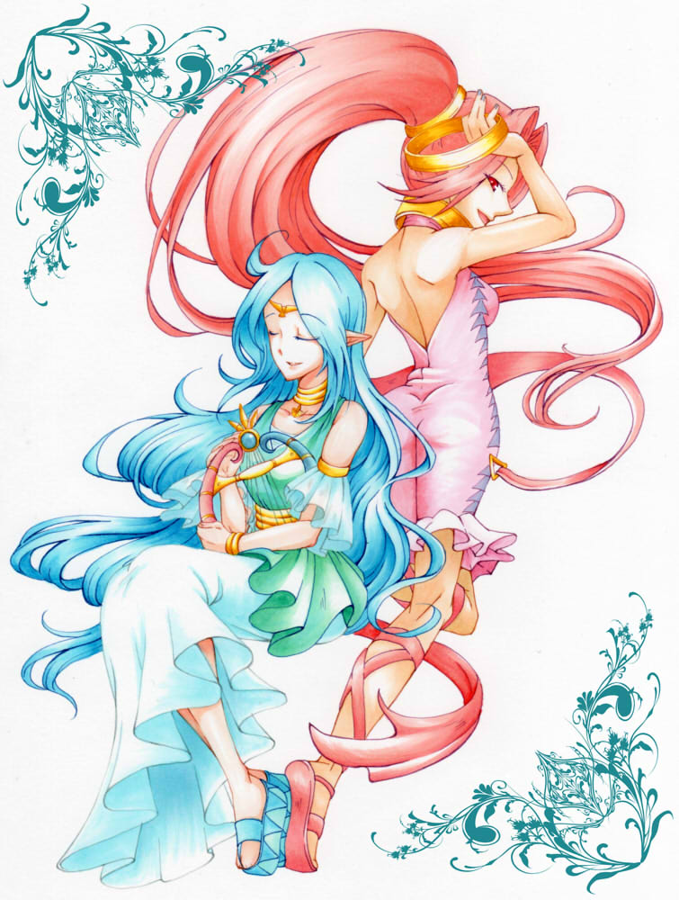 2girls blue_dress blue_hair bracelet closed_eyes dancing din dress harp instrument jewelry kotorinomori long_hair looking_at_viewer looking_back multiple_girls nayru necklace pointy_ears ponytail red_eyes red_hair sandals sitting the_legend_of_zelda the_legend_of_zelda:_oracle_of_ages the_legend_of_zelda:_oracle_of_seasons