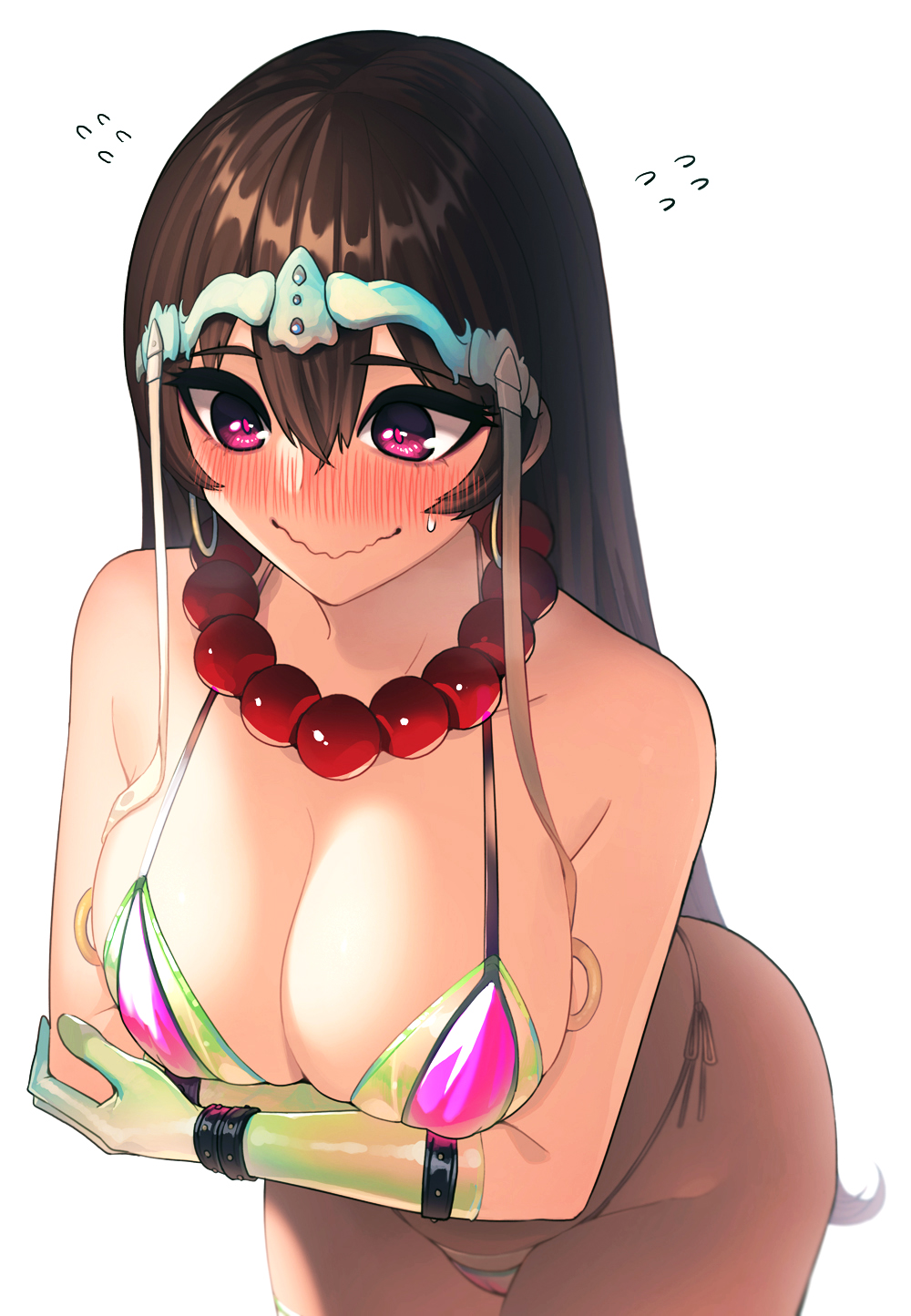 1girl arms_under_breasts bangs bare_shoulders bead_necklace beads bikini blush breasts brown_hair cleavage commentary_request crossed_arms earrings elbow_gloves fate/grand_order fate_(series) florence_nightingale_(fate/grand_order) flying_sweatdrops gloves green_bikini green_gloves hair_between_eyes headpiece highres hoop_earrings jewelry large_breasts layered_bikini long_hair necklace prayer_beads purple_bikini purple_eyes revision rubber_gloves side-tie_bikini simple_background smile solo sungwon sweatdrop swimsuit trick_or_treatment wavy_mouth white_background xuanzang_(fate/grand_order)