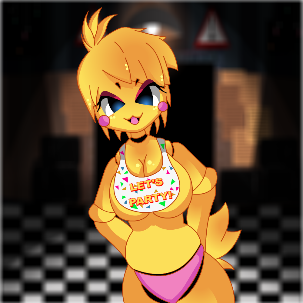 1:1 2015 animatronic anthro avian bib bird blush blush_stickers breasts chicken cleavage clothed clothing feathers female five_nights_at_freddy's five_nights_at_freddy's_2 five_nights_in_anime galliform gallus_(genus) inside looking_at_viewer machine mairusu-paua non-mammal_breasts open_mouth panties phasianid robot smile solo tongue toy toy_chica_(fnaf) underwear video_games