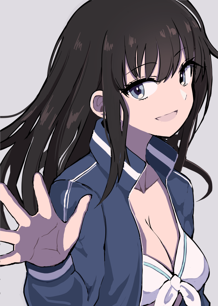1girl :d bangs bikini bikini_under_clothes black_hair blue_eyes blue_jacket breasts cleavage collarbone commentary_request eyebrows_visible_through_hair front-tie_bikini front-tie_top grey_background hand_up hinomaru_(futagun) jacket long_hair long_sleeves looking_at_viewer medium_breasts open_clothes open_jacket open_mouth original simple_background smile solo swimsuit white_bikini_top