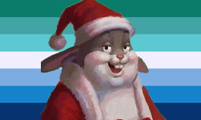 ambigious_gender big_chungus bugs_bunny christmas clothing costume fur hat headgear headwear holidays lgbt_pride looking_at_viewer looney_tunes low_res meme overweight overweight_ambigious pride_colors smile solo warner_brothers