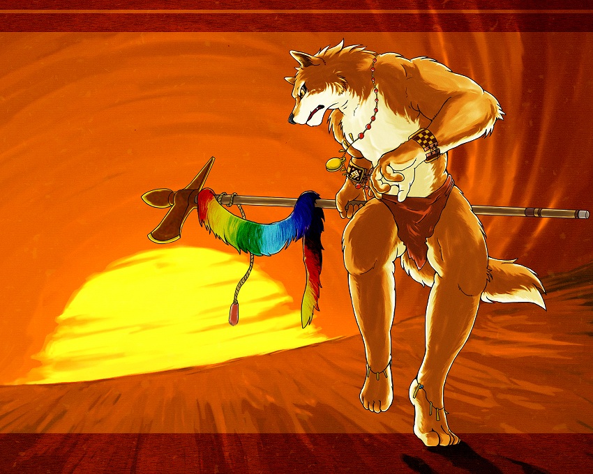 2006 anthro canid canine clothing himachi humanoid_hands loincloth mammal outside solo sun