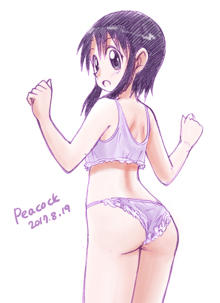 1girl ass azumanga_daiou back black_eyes black_hair blush bra commentary_request cowboy_shot dated eyebrows_visible_through_hair frilled_bra frilled_panties frills from_behind graphite_(medium) hands_up kurosawa_minamo lingerie looking_back open_mouth panties pantyshot pantyshot_(standing) peacock_(p-location) short_hair sidelocks signature simple_background solo standing traditional_media underwear white_background