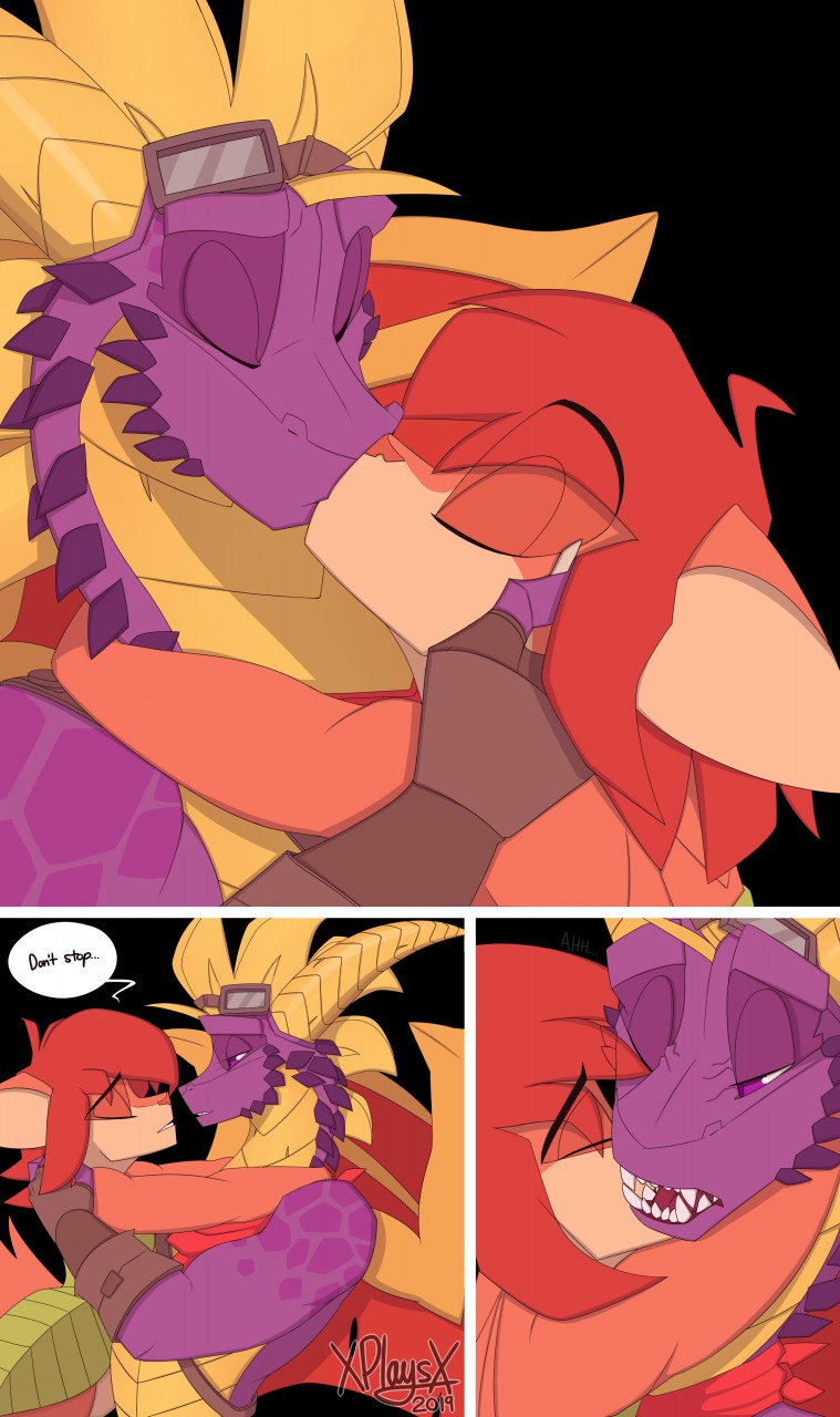 activision anthro athletic clothed clothing curvaceous curvy_figure dragon elora eyes_closed eyewear faun gloves goggles green_eyes hair handwear hi_res hug kissing purple_body purple_eyes purple_skin scales scarf simple_background spyro spyro_the_dragon video_games voluptuous wings xplaysx