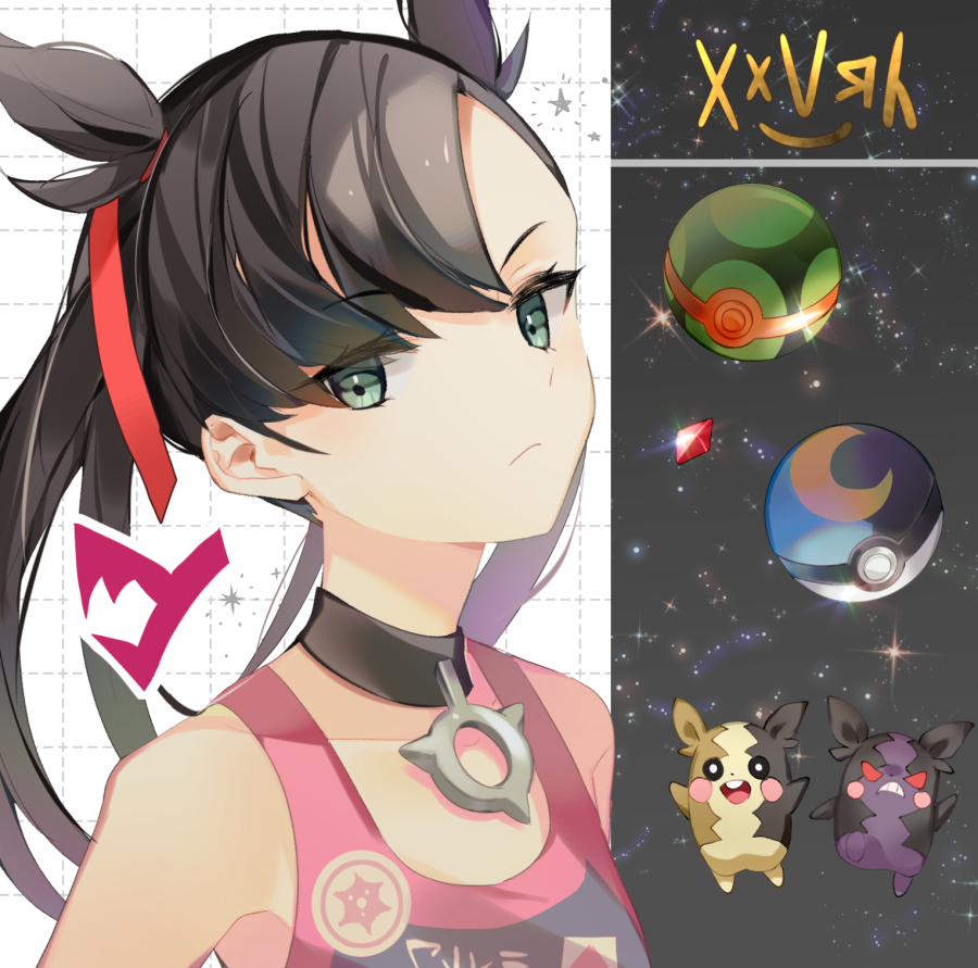 1girl :d bangs bare_shoulders black_choker black_hair breasts choker clenched_teeth closed_mouth crystal dusk_ball frown gen_8_pokemon green_eyes jacket long_hair looking_at_viewer mary_(pokemon) moon_ball morpeko o-ring open_mouth pointy_hair poke_ball poke_ball_theme pokemon pokemon_(creature) pokemon_(game) pokemon_swsh red_ribbon ribbon sleeveless smile sparkle teeth upper_body yuhi_(hssh_6)