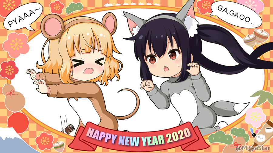 &gt;_&lt; 2020 2girls :o animal_costume animal_ear_fluff animal_ears bangs black_hair blonde_hair blunt_bangs blush brown_eyes can canned_coffee cat_costume cat_ears cat_tail chasing checkered checkered_background cherry_blossoms commentary_request cosplay costume crossover eyebrows_visible_through_hair fake_animal_ears gochuumon_wa_usagi_desu_ka? hanetsuki happy_new_year jerry_(tom_and_jerry) jerry_(tom_and_jerry)_(cosplay) k-on! kirima_sharo miicha mount_fuji mouse_costume mouse_ears mouse_tail multiple_girls nakano_azusa new_year paw_pose short_hair sidelocks speech_bubble spinning_top sweatdrop tail tom_(tom_and_jerry) tom_(tom_and_jerry)_(cosplay) tom_and_jerry twintails twitter_username wavy_hair